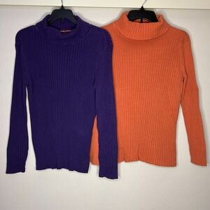 BUNDLE 2 Jessica‎ London Purple Orange Ribbed Turtleneck Sweaters Women Med Y2K